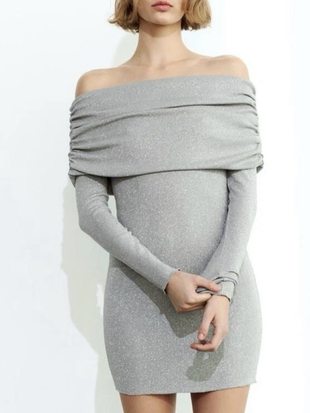 NWOT Zara Sparkly Metallic Silver Grey Off Shoulder Long Sleeve Dress